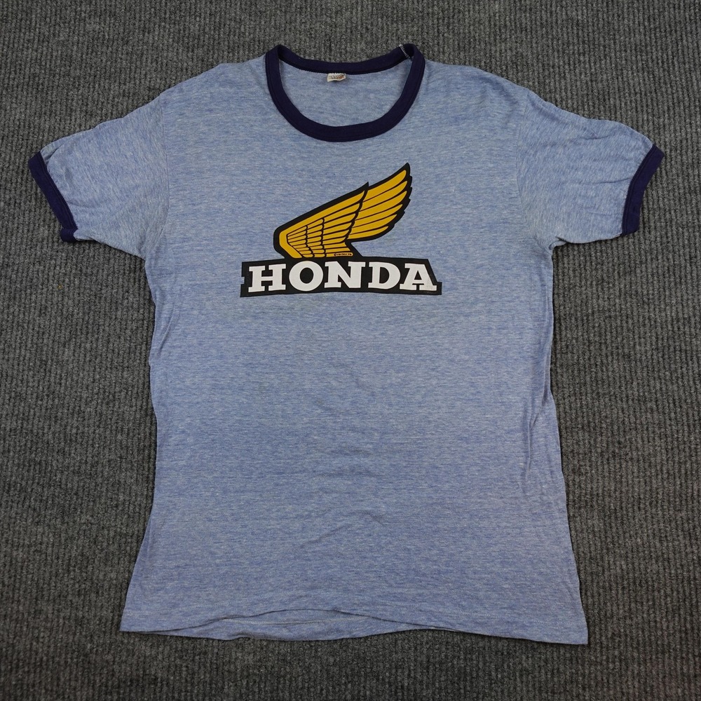 Vintage Honda Motorcycle Shirt Mens Large Blue Hanes Ringer 70s USA Wing Tee